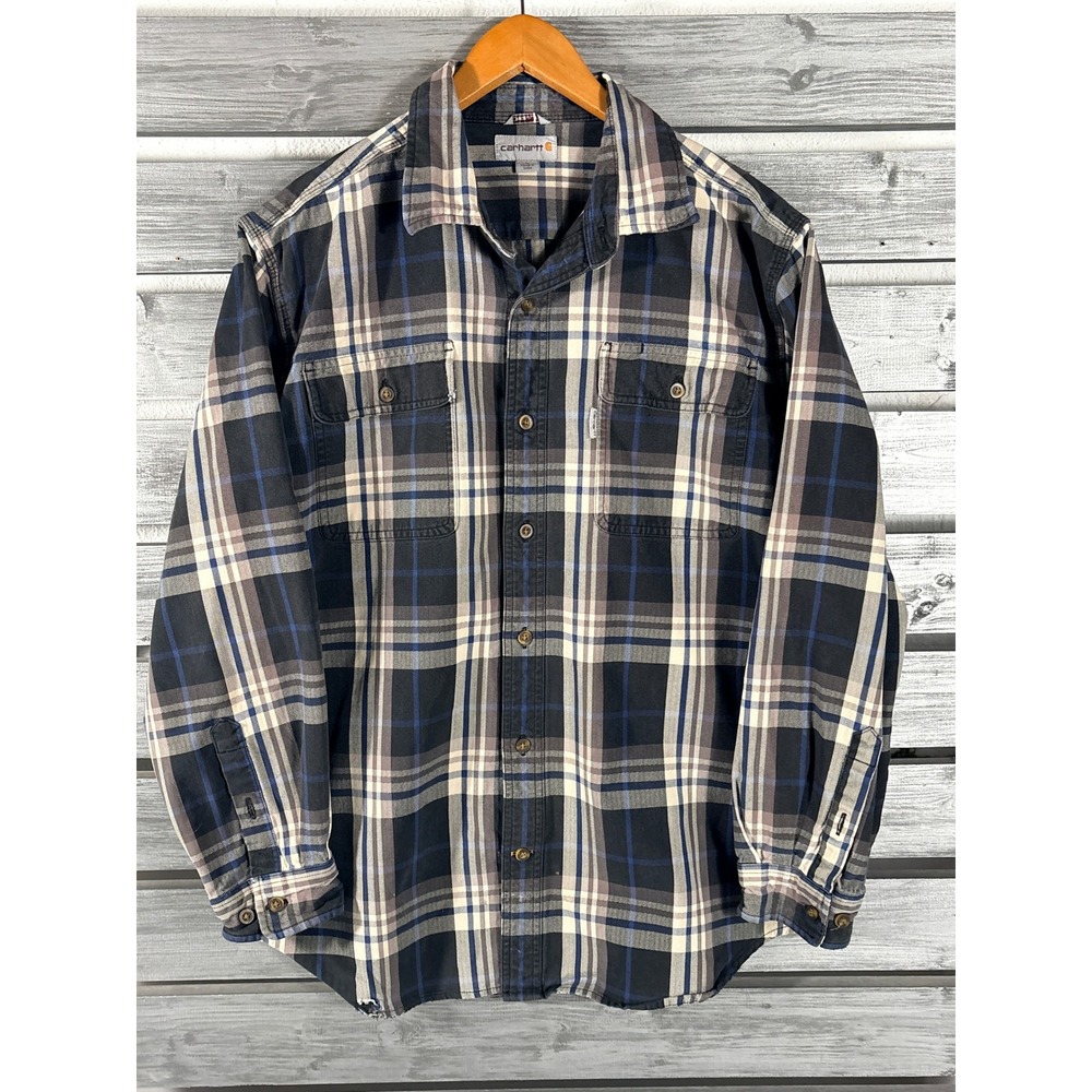 Carhartt Mens Hubbard Flannel Button Down Shirt Blue Plaid L 101749 worn